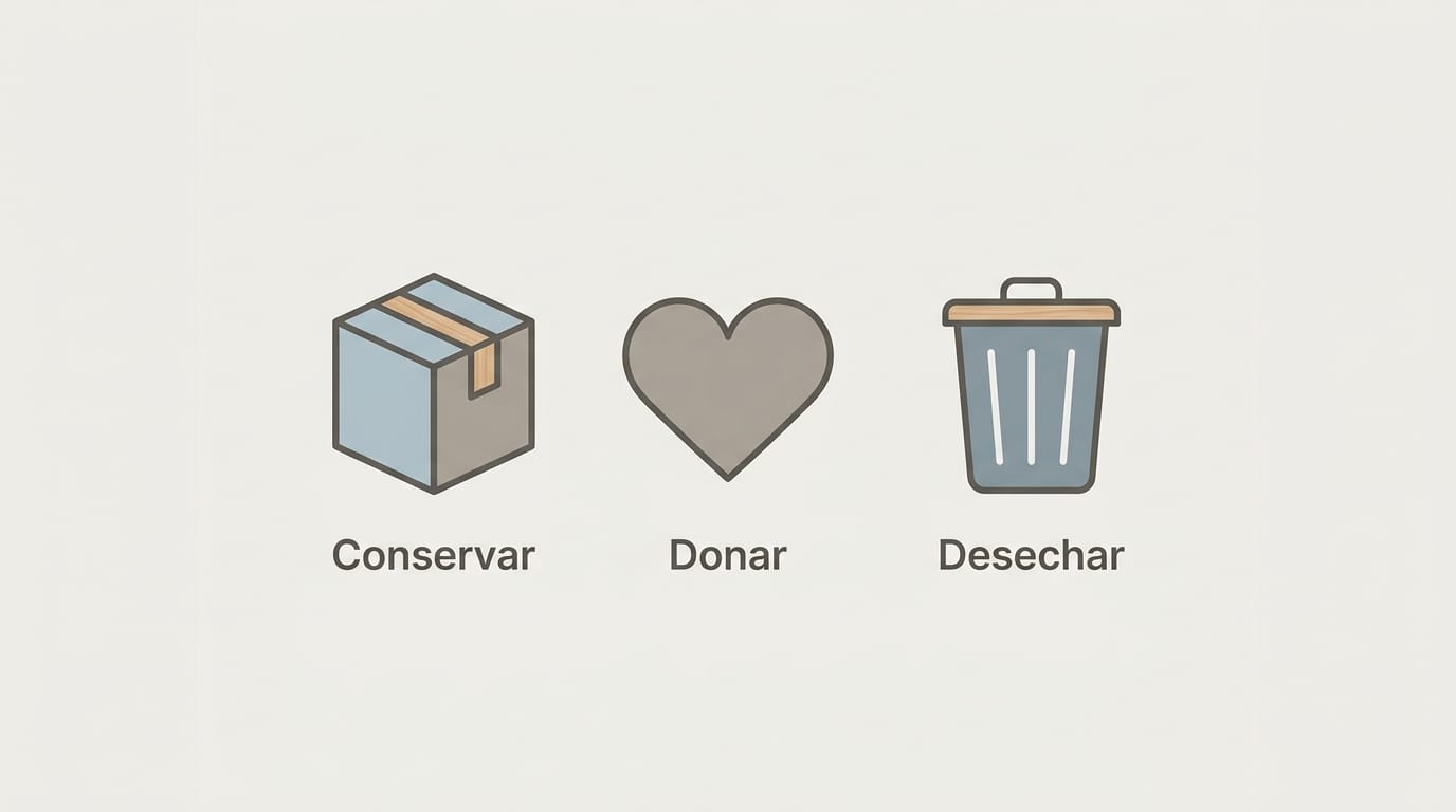 Diagrama de clasificación de objetos para trastero mostrando tres categorías: conservar, donar y desechar.